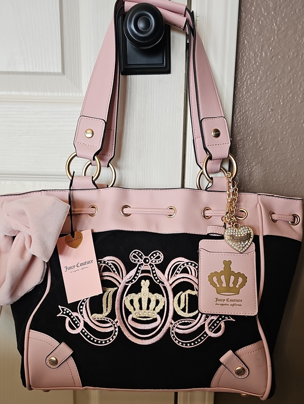 Juicy Couture Pink and Black Crown Tote with Gold Accents